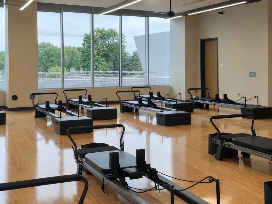 A room in MSU’s Student Recreation and Wellness Center features rows of reformers exclusively used for Reformer Pilates.