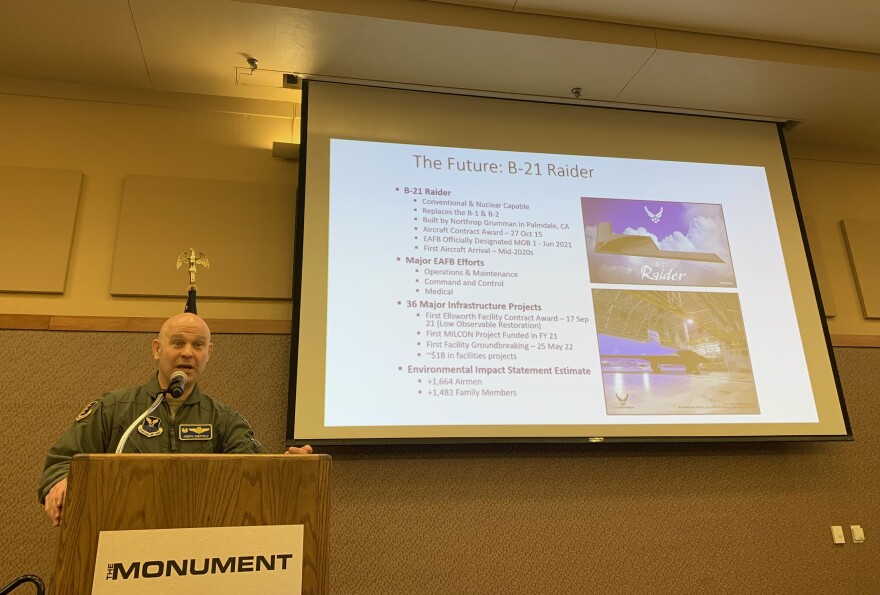 Col. Joseph Sheffield, commander at Ellsworth Air Force Base, discusses the B-21 Bomber at a conference in Rapid City.