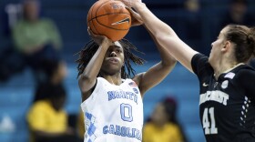 North Carolina's Shayla Bennett (0) shoots over Wake Forest's Elisa Penna (41) during the second half of an NCAA college basketball game in Chapel Hill, N.C., Thursday, Jan. 17, 2019.
