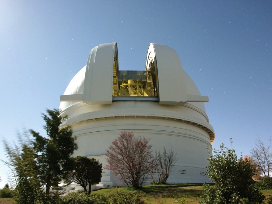 The dome at Caltech's Palomar Observatory, shown in a long-exposure nighttime shot, houses the 200-inch Hale Telescope.