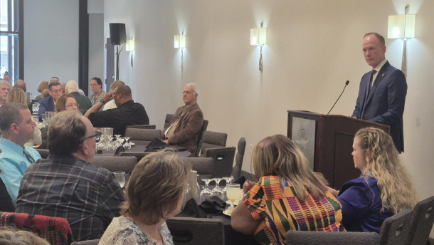 New York state Budget Director Blake Washington takes questions from New York Association of Towns members during a luncheon in Albany on Sept. 23, 2026.