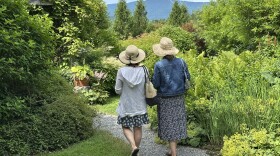 Two women in sundresses walk through a manicured landscape with a mountain view in the background.