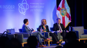 Matt Cimaglia, left, founder of Quantum Coast Capital, moderates a discussion with Palm Beach State College President Ava Parker and Florida Commerce Secretary Alex Kelly at last year’s Quantum Beach conference in West Palm Beach.