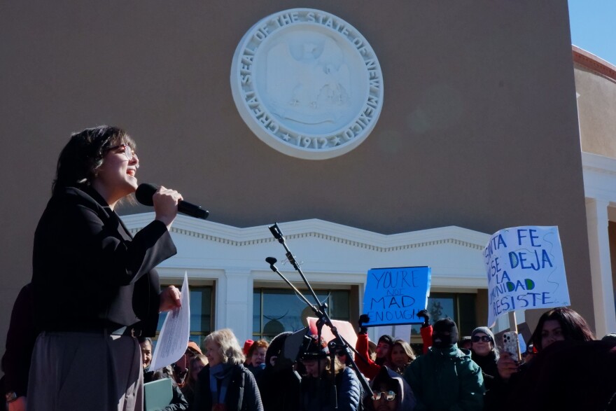 Rep. Marianna Anaya (D-18) leads a "Sí, se puede" chant.