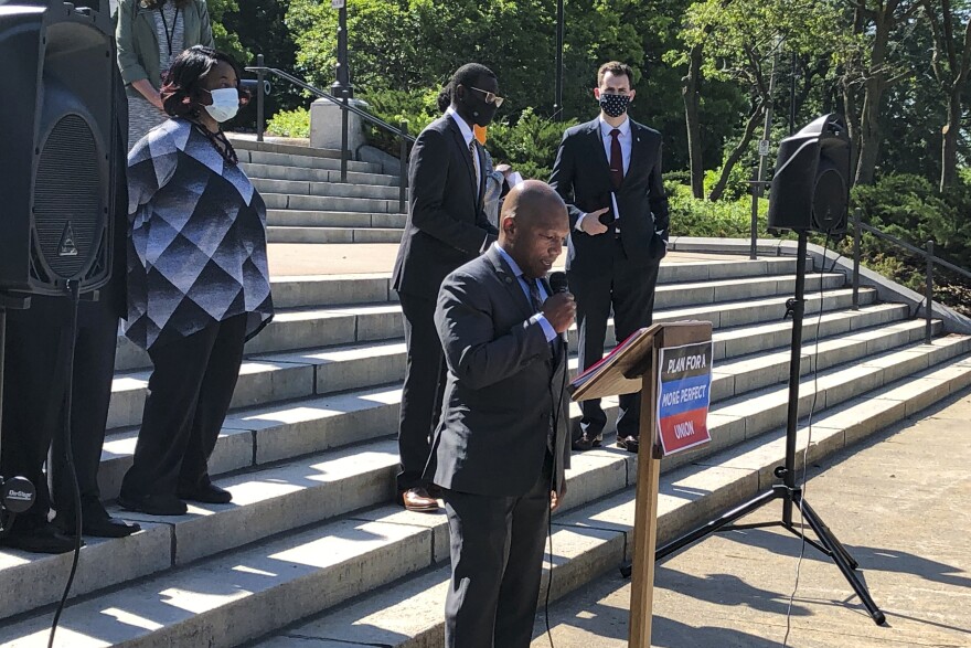 Rep. Ross Wilburn, D-Ames, opens a press conference at the Iowa State Capitol on June 4, 2020, in Des Moines.