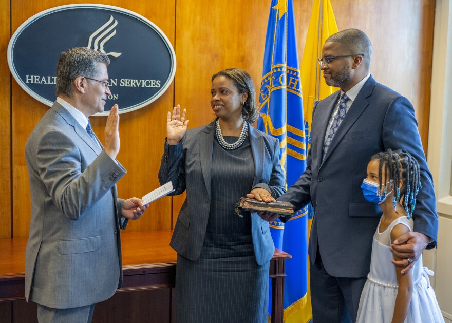 Chaquita Brooks-LaSure takes the oath to be sworn in as Centers for Medicare and Medicaid Services administrator. Brooks-LaSure talked with St. Louis Public Radio on Monday about what Medicaid expansion will mean for Missourians and for the state's budgetary future.