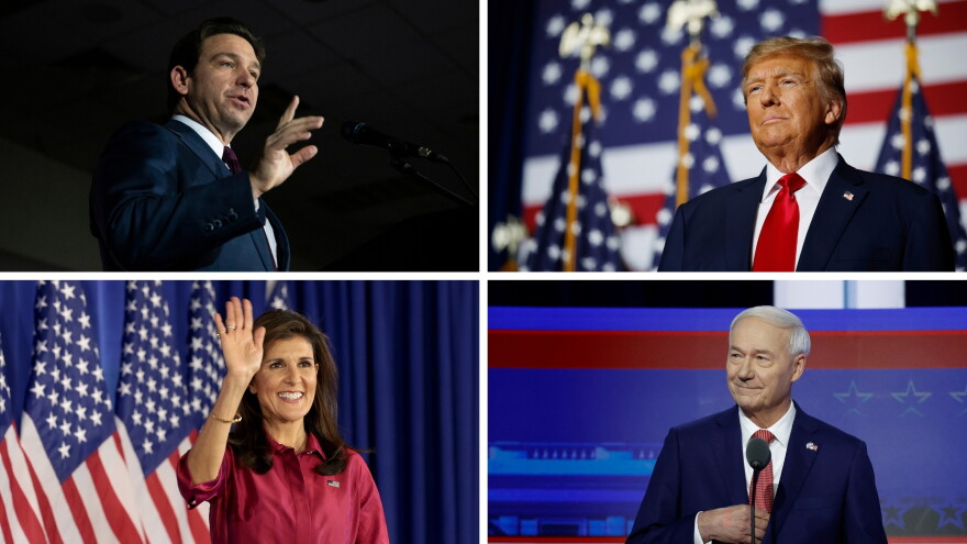 Clockwise from upper left: Florida Gov. Ron DeSantis, former President Donald Trump, former Arkansas Gov. Asa Hutchinson and former South Carolina Gov. Nikki Haley remain in the 2024 presidential race following the Iowa caucuses. 
