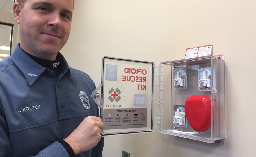 Officer Justin Hooten displays an opioid rescue kit at the Northampton, Massachusetts, police department.