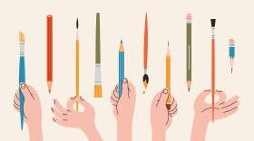 Various hands holding pencils and paintbrushes. Human arms and Gestures with different finger positions. Painting tools and Art supplies. Modern vector isolated illustration, hand drawn, flat design.