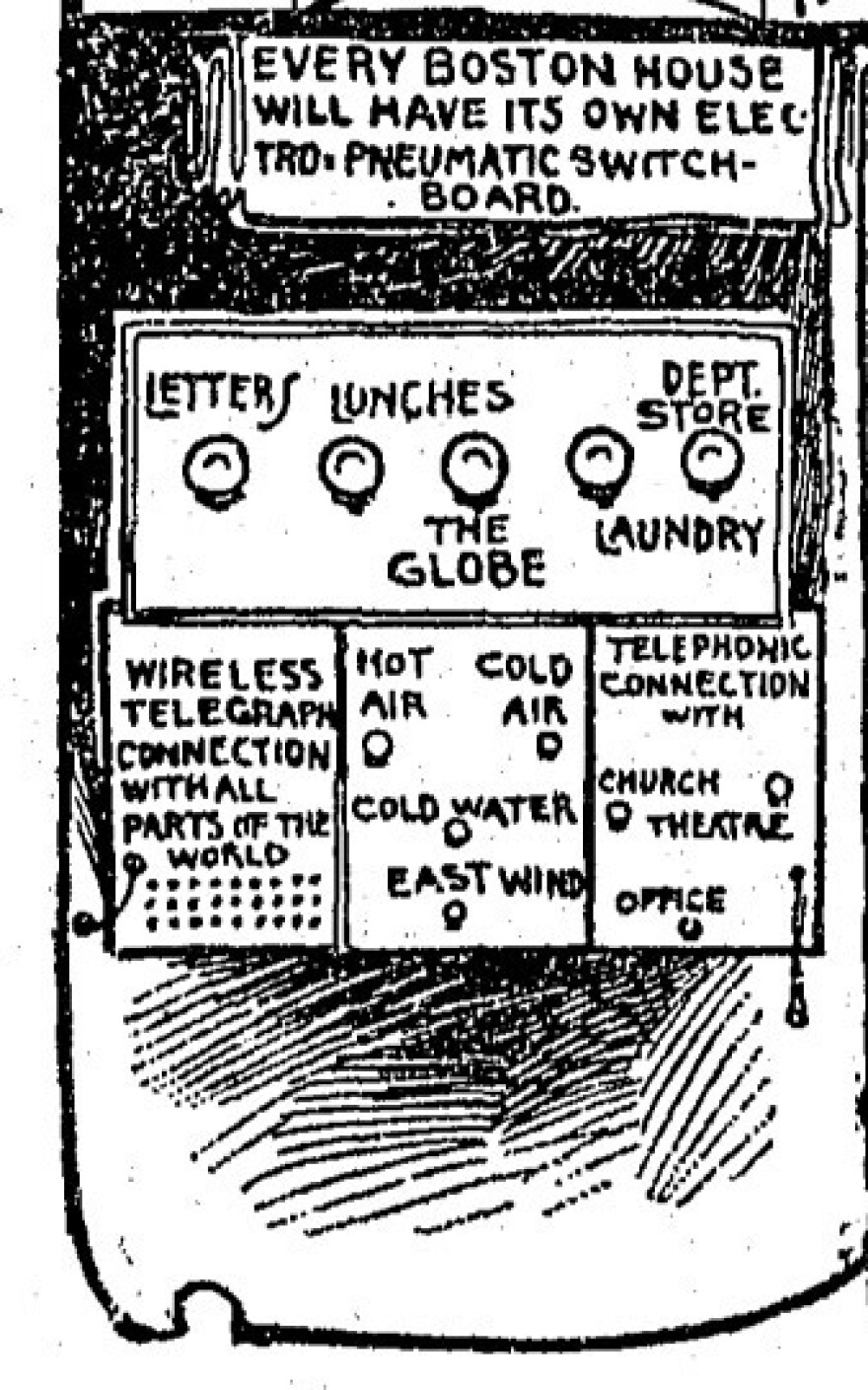 In 1900, Thomas F. Anderson wrote an article that imagined what Boston would look like in the year 2000, which included the delivery of food by pneumatic tubes. <strong></strong>