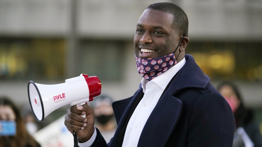 U.S. Rep.-elect Mondaire Jones, D-N.Y., speaks to supporters who gathered for a Protect the Results rally on Wednesday in front of the Westchester County Courthouse in White Plains, N.Y.