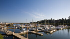 Boats sit in slips at the Port of Brookings Harbor under a clear blue sky.