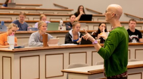 Professor Nichole Jackson lectures about heart disease in front of nursing students at Oklahoma State University.