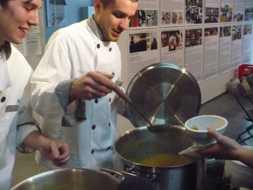 Serving up split pea soup at a Bread! KC dinner in Kansas City.