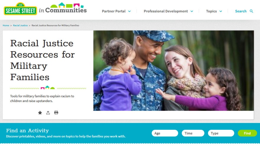 Sesame Street's online racial justice resources for military families include videos, interactive activities, and printable guides.