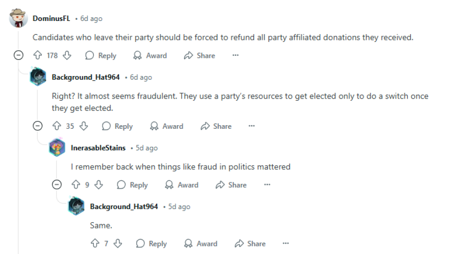 Reddit users express their dismay at Sen. Jason Pizzo switching party affiliations.