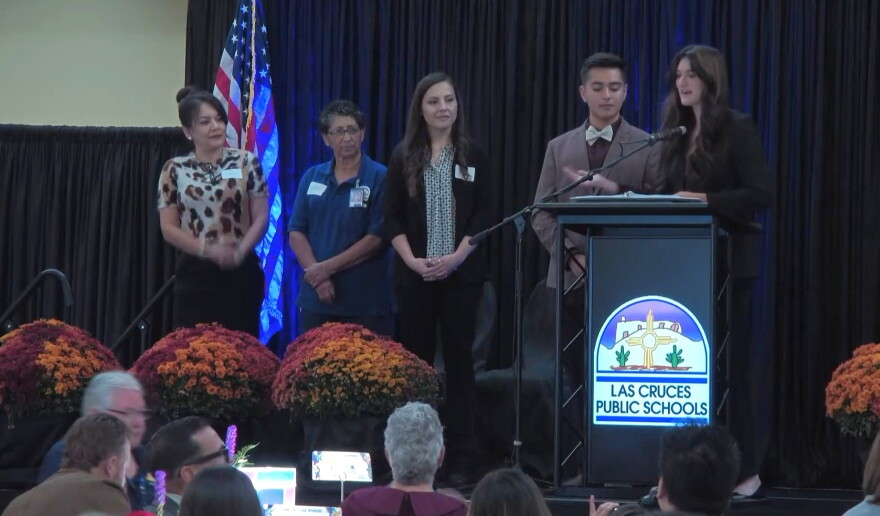 Soraya Kamali (Arrowhead Park Early College High School) and Braden Gonzales (Centennial High School) co-host the address