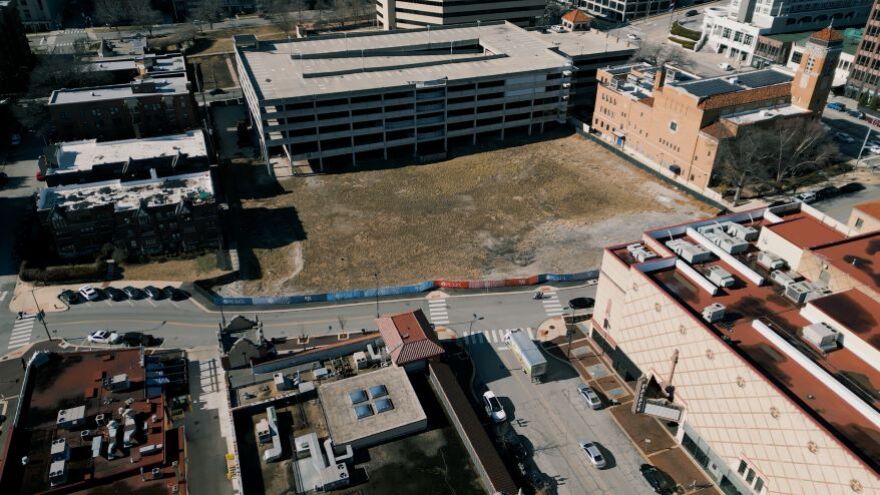 An aerial view of the vacant site where Nordstrom had planned to open a store on the Country Club Plaza. The plan fell through in 2022.