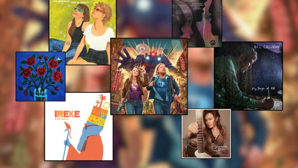 A collage of seven squares with artwork from new music releases in them. The middle is the largest and has a comic book style image of two people in superhero costume with a giant robot behind them. There are three more mid sized ones with a painting of two women wearing sunglasses looking at the sky, a blue human with a mouse on a staff and a dark blue image of a man playing piano. In three small boxes are a black and violet outline of two faces, red roses in a vase and a woman holding an electric guitar.