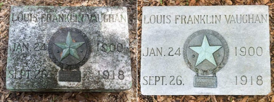 Before (left) and after the cleaning. Lumish says his cleaning process can take anywhere from four days to four months to complete. Since sandstone and limestone are porous, it can take some time for caked-in biological matter to break down.