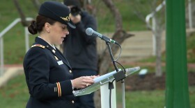 Lt. Col. Stephanie Baugh speaks at Indiana University's Veteran's Day event.