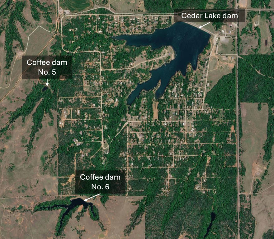 Coffee dams No. 5 and 6 sit just outside the boundaries of Cedar Lake. The other four OWRB-regulated dams on the Coffees' property are northwest of this area, outside of Cedar Lake's watershed.
