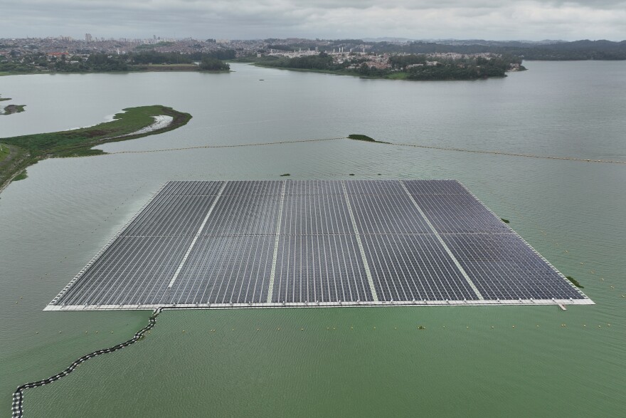 A floating solar farm operates at the Billings Reservoir in Sao Paulo, Thursday, Nov. 6, 2025.
