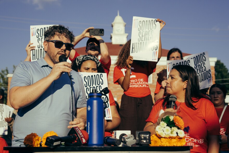 Overland Mayor Marty Little tells a crowd of hundreds that their municipality will not sign a formal agreement with U.S. Immigration and Customs Enforcement during a vigil for former Overland residents Glendy González de la Cruz and Nixon Pérez Paz on Sunday.