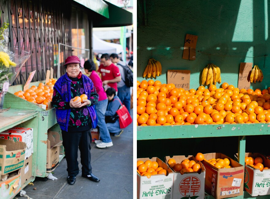 Yu Tom, 84, shops for oranges on the weekend before Lunar New Year in 2014 wearing layers of purple knitted sweaters. This was one of her first outings after her husband's passing. "My dad always liked bright colors," Tom's daughter said. "The hat, the vest – it's all like a security blanket for her."