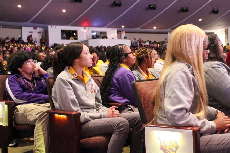 InspireNOLA students wait for former vice president Kamala Harris to speak at a back-to-school rally on Aug. 7, 2026.