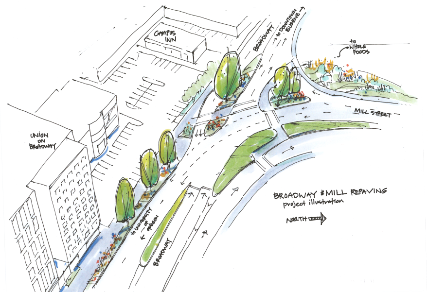 This map from the City of Eugene's website shows the area of East Broadway where work is underway to improve safety and walkability. 