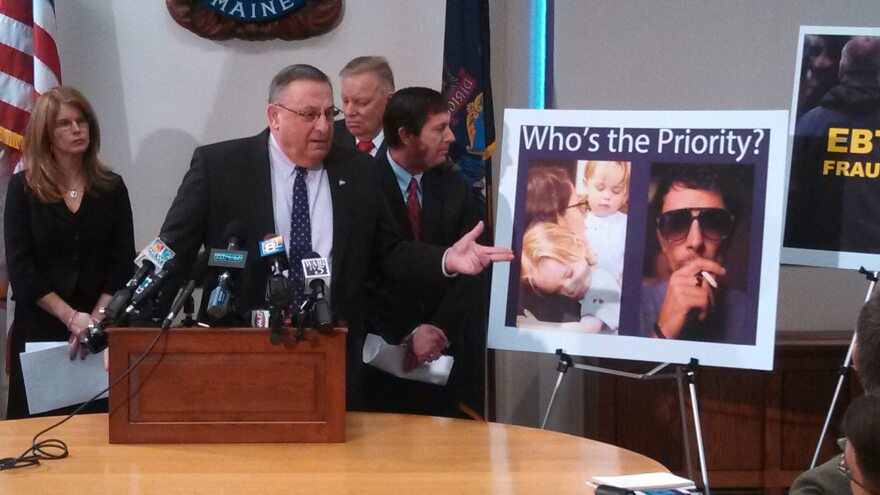 Gov. Paul LePage announces his legislation to revamp welfare,  including limits on what could be purchased with food stamps.