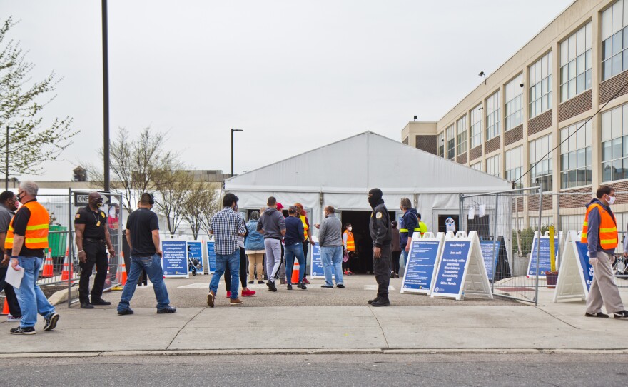 People enter the FEMA run COVID-19 vaccine clinic at Esperanza on April 14.
