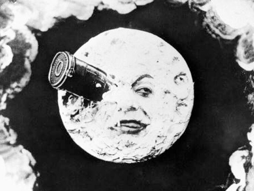 In Georges Melies' silent film <em>A Trip to the Moon</em>, a group of astronomers travels to the moon in a giant bullet.