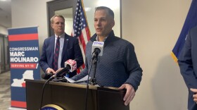 Rep. Marc Molinaro with Tompkins County Legislator Mike Sigler during a press briefing in downtown Binghamton.