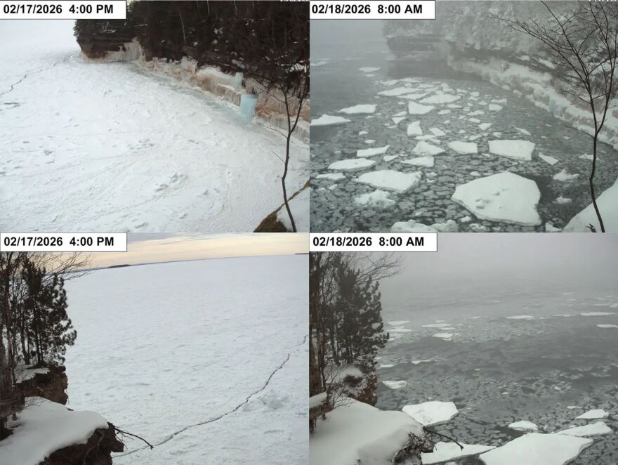 Webcam images show the ice shelf change between 4:00 PM on February 17 and 8:00 AM on February 18.