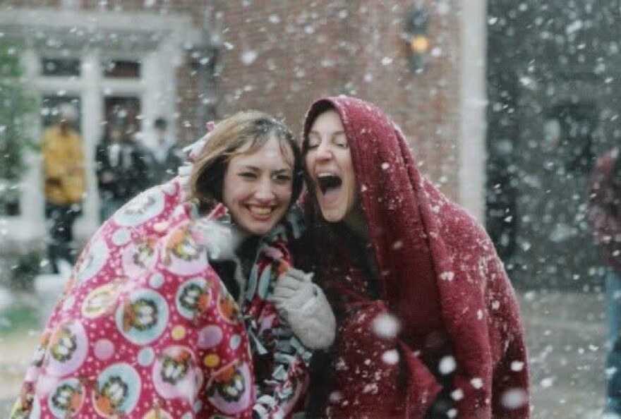 Chelsey Haukos and Danielle Webster in their college days, in "the quad" of their dorm complex at UND.