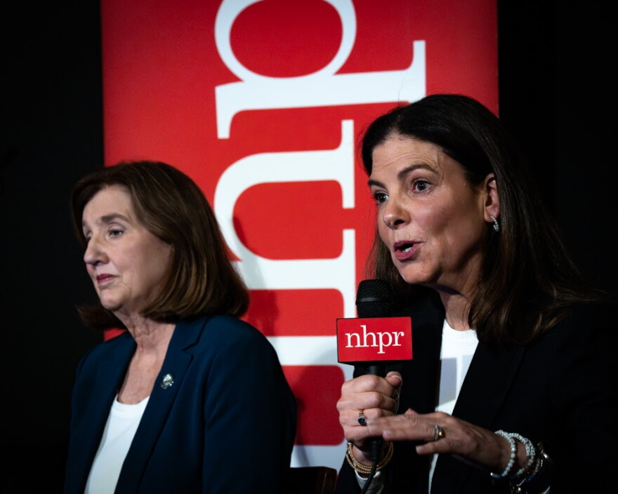 Republican Gov. Kelly Ayotte (right) and Democrat Cinde Warmington appear during a candidate forum hosted by NHPR and the Granite State News Collaborative, Oct. 22, 2026.