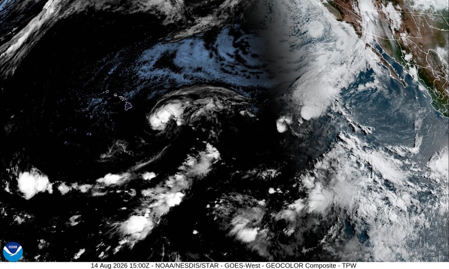 This satellite image from Friday morning shows storms forming in the Pacific Ocean, including Tropical Storm Lala located east of the Hawaiian Islands.