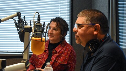 Gaelle Esposito of Creosote Partners and Barrett Marson of Marson Media at KJZZ's studios on Friday, Oct. 3, 2025.