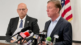 Commissioner James C. Rovella and Gov. Ned Lamont at the news conference releasing crime statistics.