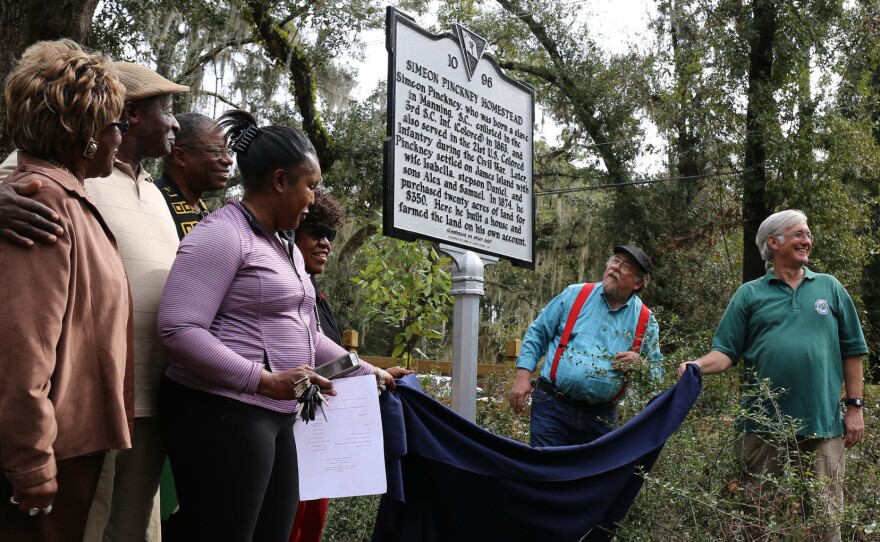 Friends and family unveil marker honoring Simeon Pinckney on James Island.