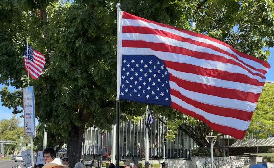 Protesters with American flags, including one upside-down