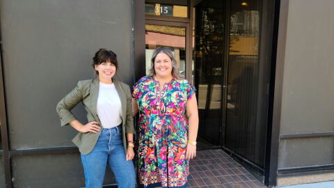 Elizabeth Pappas (left) and Amy Moyer outside the future home of artist studios. “When you put a great group of artists together, the sky’s the limit,” Pappas said.
