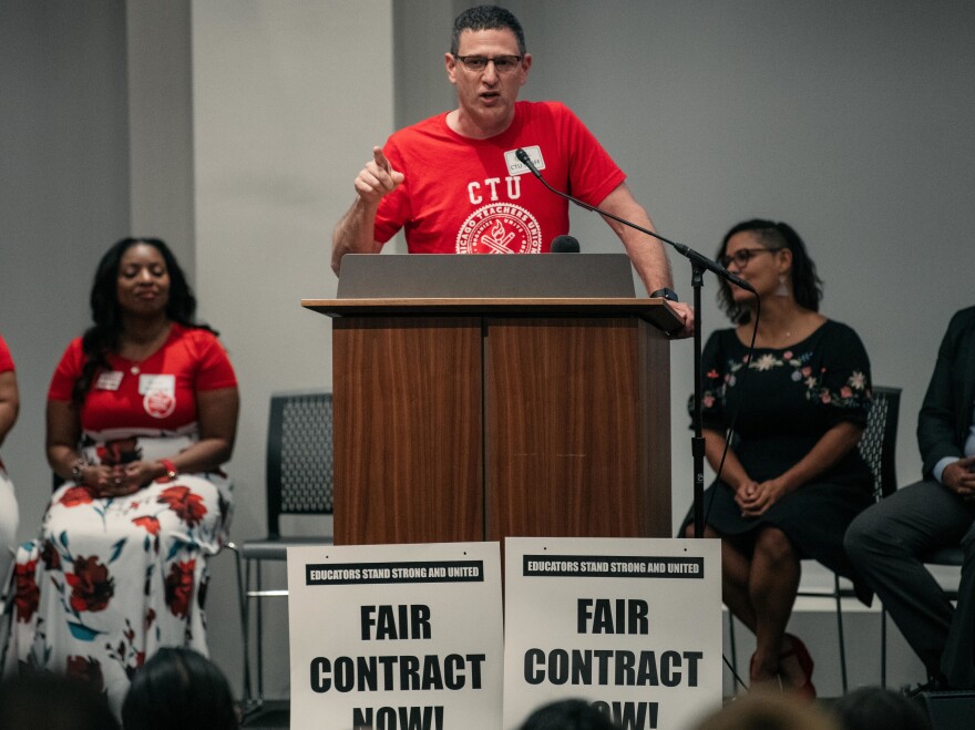 Chicago Teachers Union President Jesse Sharkey speaks at a rally on Tuesday.