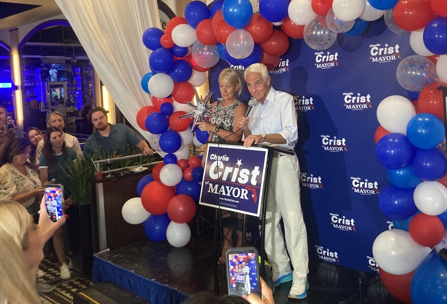 Man and woman at podium, surrounded by red, white and blue balloons