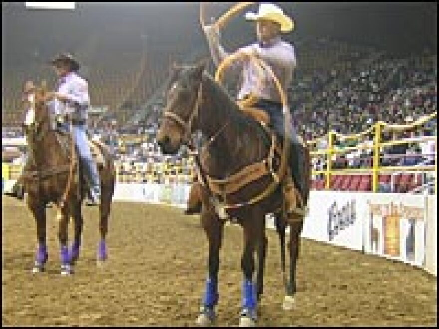 A team roper warms up by swinging his rope a few minutes before competing in the National Western Stock, Rodeo and Horse Show in Denver.