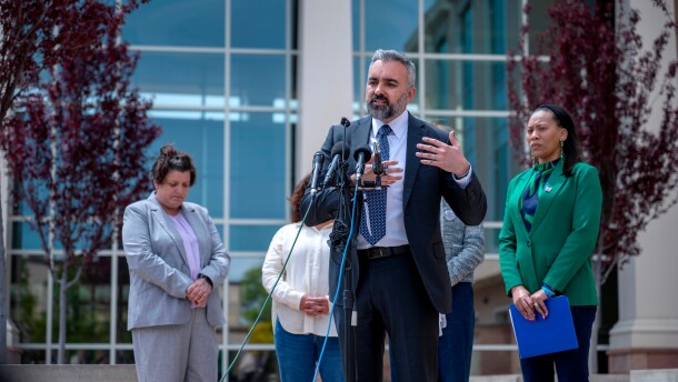 Attorney General Raul Torrez, is joined by a group of mothers advocating for a change to social media, at a news conference outside First District Court, in Santa Fe, N.M., Monday, May 4, 2026.