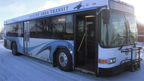 A Kahtnu Area Transit bus is parked outisde the Kenai Chamber of Commerce and Visitor Center on Wednesday, Nov. 19, 2025 in Kenai, Alaska.