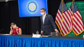 Gov. Andrew Cuomo at his daily COVID-19 briefing May 13. At left is Chief of Staff Melissa DeRosa. 